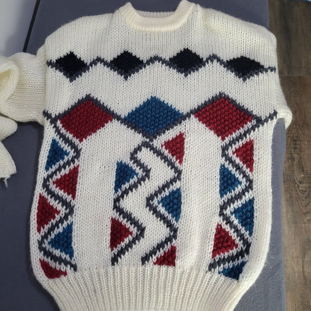 VTG Aztec Triangles Print Chunky Knit Sweater Men's Small Korea Old Money Ugly